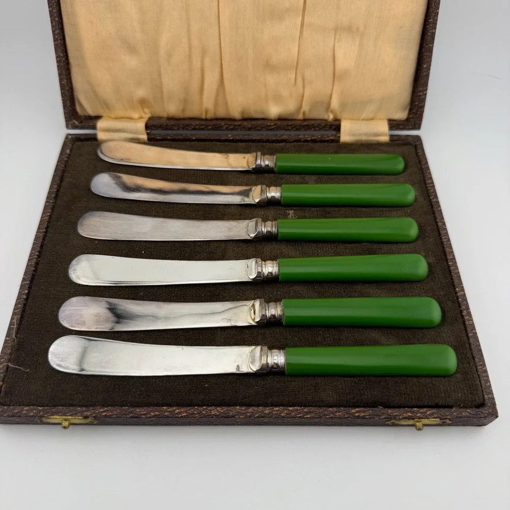 EPNS Green Silver Plate Bakelite Tea Knife Set Vintage Art Deco Case 6pc